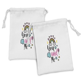 Ambesonne Inspirational Fabric Pouch Set of 2, You and Me Words with Rainbow Clouds and Hearts Love Romance Doodle Print, Small Drawstring Bag for Toiletries Masks and Favors, 9" x 6", Multicolor