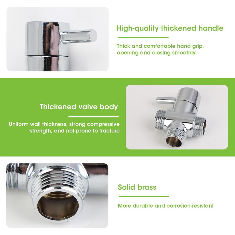 Shower Diverter Valve 3-Way T-Adapter, Solid Brass with Chrome Plating,