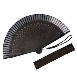 [Fashionable kimono Iroha] Men's Cloth Fan, Fan, Bag Set, Dyed Bone, Checkered Lattice, 8.7 inches (22 cm), Black
