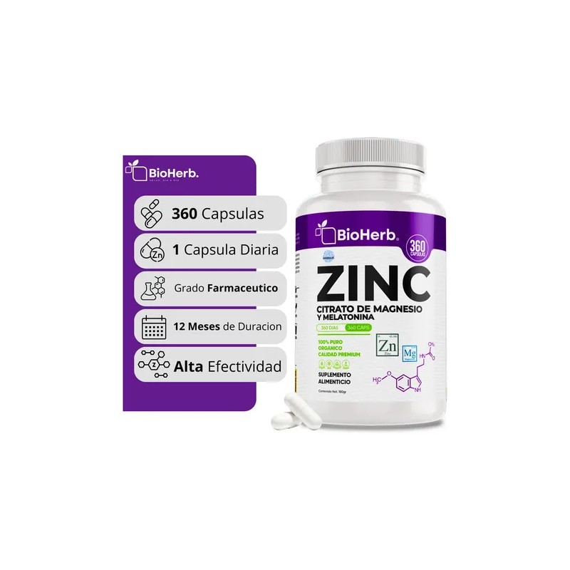 Bioherb Zinc Magnesio Melatonina 360 Capsulas 500mg Bienestar Relajación Natural