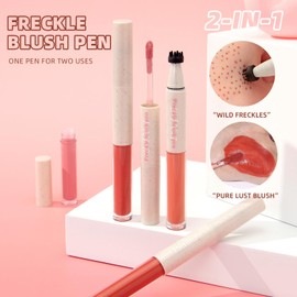 Liquid Face Blush Freckle Pen, Natural Dewy Cream Blush with Light Brown Faux Freckle Stamp Pen 2 in 1 Makeup Natural Sunkissed Dewy Cheeks, Waterproof Fake Freck Tint Marker (04)