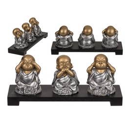 Out of the blue 190131 Polyresin Figurines on Wooden Bench Buddha (See Nothing Evil, Speak, Hear) Approx. 20 x 9 cm