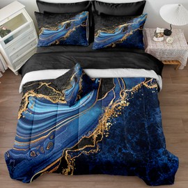 Black Gold Bedding Blue Marble Comforter Set 6 Pieces Twin Bed in a Bag with 1 Black and Blue Comforter, 1Flat Sheet, 1 Fitted Sheet, 2 Pillowcases, 1 Marble Cushion Cover