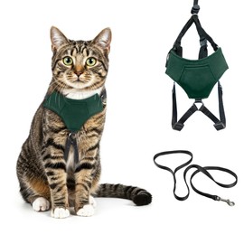 A1HC Escape Proof Cat Harness and Leash - Soft Adjustable Vest, Comfortable Mesh and Long Strips with Air Tag Pocket, Easy Control, Safe Walking Harness for Cats & Kittens - Dark Green (Small)