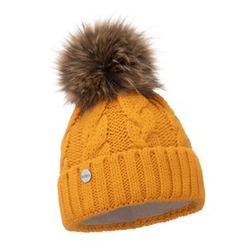 ELIMELI® Winter Hat Women's Hat with Fur Bobble Fleece Lining - Warm Women's Bobble Hat Knitted Hat - Winter Hat with Faux Fur Bobble - Slouch Knitted Beanie Made in EU, mustard yellow, Einheitsgröße