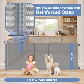 Reinforced Retractable Dog Gate with Support Strip 60" Wide Retractable Outdoor Gate for Decks Mesh Dog Gate Retractable Indoor Retractable Pet Gate for Dogs Retractable Mesh Gate Retractable Cat Gate
