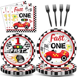 Fast One Birthday Decorations for Boys Racing Car 1st Birthday Party Supplies Fast One Plates Napkins Forks Checked Race Car Disposable Paper Plates Tableware Set for Kids Favors Serve 25