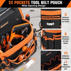 AUROPEAK Tool Belt Pouches, 22 Pockets Electrician Tool Pouch with Hammer Loops and Tape Clip, Detachable & Adjustable Single Side Belt Tool Pouch for HVAC Craftsman Contractor Electricians Carpenter