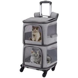 VOISTINO Double Pet Carrier Backpack with Wheels for Small Cats and Dogs, Rolling Cat Travel Carrier, Super Ventilated Design, Ideal for Traveling/Hiking/Camping, Grey