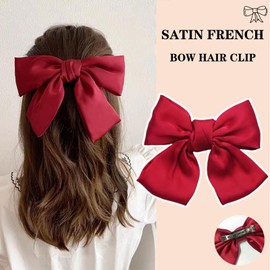 Bow Hair Clip, Satin French Bow Hair Clips for Women, Solid Bow Hair Clips Hair Barrette with Long Ribbon, Silky Hair Bows Big Bowknot, Simple Girls Hair Accessories (Black+Red)