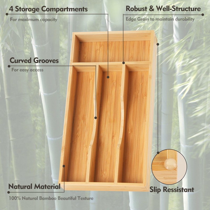 Upassion Bamboo Kitchen Drawer Organizer, 7 Inch Silverware Utensil Holder