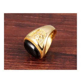 PAURO Mens Stainless Steel 18K Gold Plated Engagement Oval Onyx Band Rings Adjustable, Black