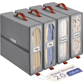 BAMBALIK 4x Bed Sheet Organizer Storage Boxes with Big See-Through Windows - Bedsheet Organizers Redesigned. Robust Bed Sheet Storage -15x13x5 Inches Sheet Organizers and Storage Containers (Gray)