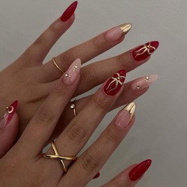Bow Press on Nails Medium Almond Fake Nails with Design Red and Gold False Nails Press ons Reusable Acrylic Nail Full Cover Glossy Glue on Nail Stick on Nails for Women Manicure 24 Pcs