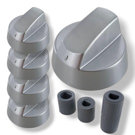 DL-pro 5 x Universal Rotary Knob Set, Diameter 42 mm, Rotary Handle Toggle with 6 mm and 8 mm Adaptors, Knobs for Almost All Cookers, Hobs, Ovens, Gas Hobs (Silver)