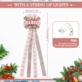 Zeyune Christmas Tree Topper 12 x 45 inches Large Christmas Bows LED Lights Glitter Satin Mesh Streamer Snowflake Ribbon Decorative Bows for Christmas Tree Decorations(Pink)