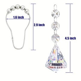 Yapicoco Shower Curtain Hooks Rings for Bathroom, 12PCS Shower Hooks with Gemstone Crystal Bead Charms, Stainless Steel Rust Resistant Curtain Rings (Clear Diamond)