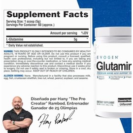 Evogen Glutamina - Aminoácido Recuperador Premium  Favorece la Recuperación Muscular  L-glutamina  Sin Sabor  60 Porciones