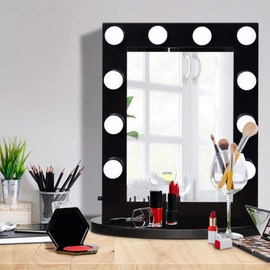 GLACER Hollywood Vanity Mirror with Lights, LED Illuminated Cosmetic Mirror with LED Dimmable Bulbs and Detachable Base (Black)