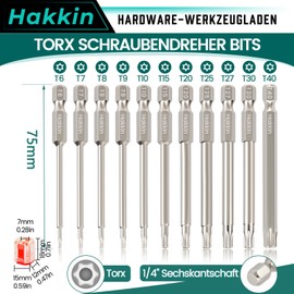 Hakkin 11-Piece T6-T40 75 mm Torx Bit Set Long with Hole 1/4 Inch Torx Screwdriver Bit Set for Impact Wrench S2 T20 T25 T40 Star Screwdriver with Bit Holder Magnetic Bit Set for Cordless Screwdrivers