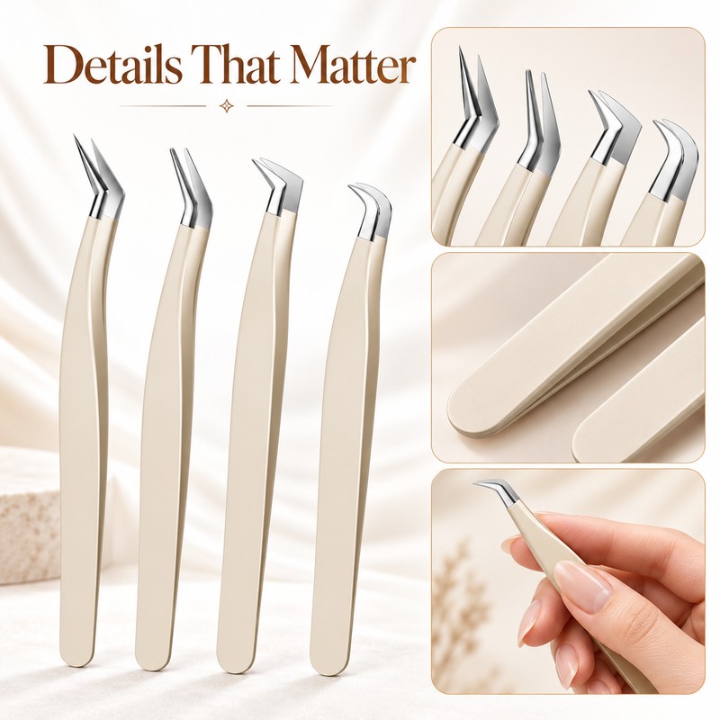 4pcs Precision Stainless Steel Eyelash Extension Tweezers – Anti-Static, Non-Slip