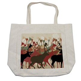 Lunarable Antler Shopping Bag, Reindeer Caribou Herd Migrating Colorful Silhouettes Wildlife Nature Theme Print, Eco-Friendly Reusable Bag for Groceries Beach and More, 15.5" X 14.5", Cream