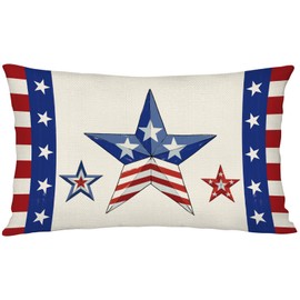 YINENA 4th of July Patriotic Blue Red Star Throw Pillow Cover 12x20 Inch Outdoor Decorations Lumbar Decorative Throw Pillow Case for Couch Home Room Decor