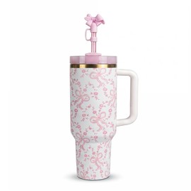 40 oz Tumbler with Handle and Straw,40 oz Stainless Steel Insulated Bow Water Bottles with Lid and Straw Coquette Bowknot Travel Birthday Gifts for Women Friend Holiday-Baby Bow Pink Peppermint