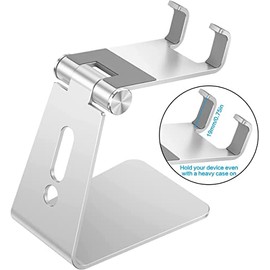 Soporte ajustable para teléfono celular, OMOTON de aluminio para escritorio con base antideslizante y puerto de carga conveniente, compatible con todo
