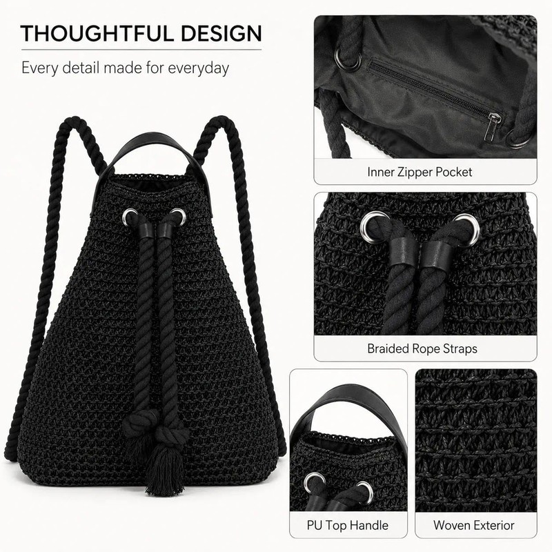 Eiyye Woven Straw Backpack for Women Paper Rope Drawstring Backpack