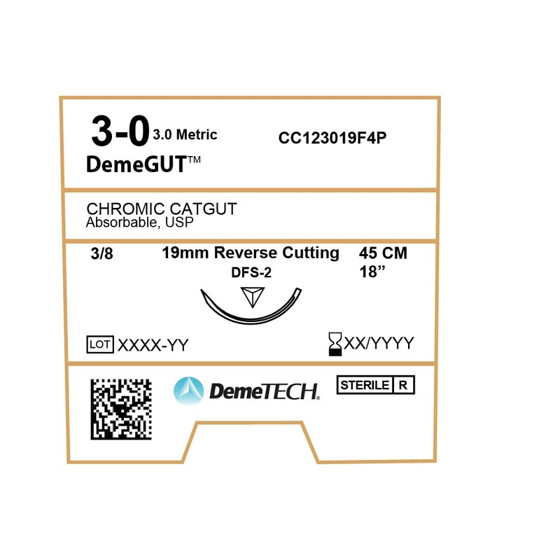 DEMETECH DemeGUT Absorbable Chromic Catgut Suture, DFS-2, 19mm, 3/8 Circle,