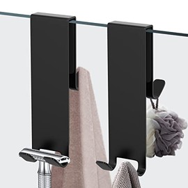 Extended Shower Door Hooks, 2 Pack Double Towel Hooks Shower Squeegee Hooks Razor Holder, Stainless Steel Over Door Hooks for Bathroom Frameless Glass Shower Door, Drilling-Free (Black)