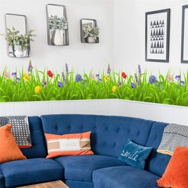WOHAHA Garden Green Grass Flower Wall Decals Skirting Line Wall Corner Stickers Removable Wall Art Murals Peel and Stick Living Room Kitchen Girls Boys Kids Nursery Bedroom Wall Decor