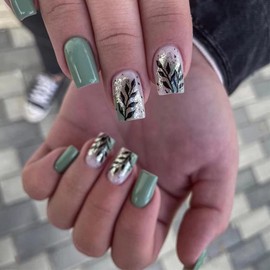 Short Square Green French Nails for Sticking with Leaf, KXAMELIE Press on Nails with Designs Acrylic Artificial Nails for Women and Girls Daily Use Pack of 24