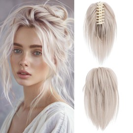 Benehair Claw Clip Messy Bun Hair Piece Straight Hair Bun Clip in Claw Ponytail Hairpieces Synthetic Hair Bun Extension Gray with White Hair Pieces for Women(Gray with White, 60g)