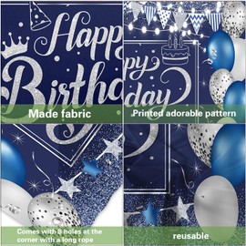 13X6ft Happy Birthday Garage Door Cover Background Navy Blue Background Silver Happy Birthday Glitter Balloons Star Flag Sequins Decorations Men Women Party Decoration Outdoor Indoor Banner Cover