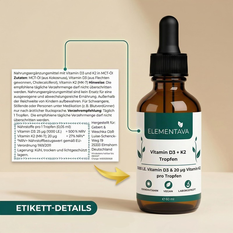 ELEMENTAVA Vitamin D3 K2 Drops 1000 IU - 25 µg