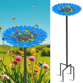 KHayRovies Bee Watering Station, Standing Bee Cup with 30 Glass Marbles for Outside, Bee Bath Feeder with Metal Stakes Butterfly Puddler Garden Yard Décor (Blue Chrysanthemum)