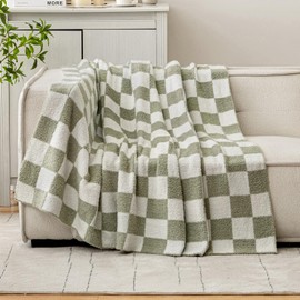 EMEMA Christmas Checkered Throw Blanket Microfiber Soft Cozy Fluffy Warm Hand Made Throw Blankets for Couch, Sofa, Chair, Bed, Camping, Picnic, Breathable Bed Blanket,Sage Green (50" x 60")