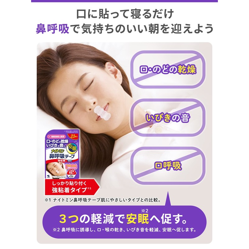 ナイトミン 鼻呼吸テープ 口・のどの乾燥・いびきの音を軽減 口呼吸予防に 強粘着タイプ 無香料 21枚入