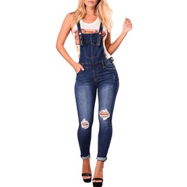 RINTONIX Women's Adjustable Retro Distressed Jeans Bib Overalls Rompers Skinny Ripped Long Pants Denim Jumpsuits Overalls(BE-M)