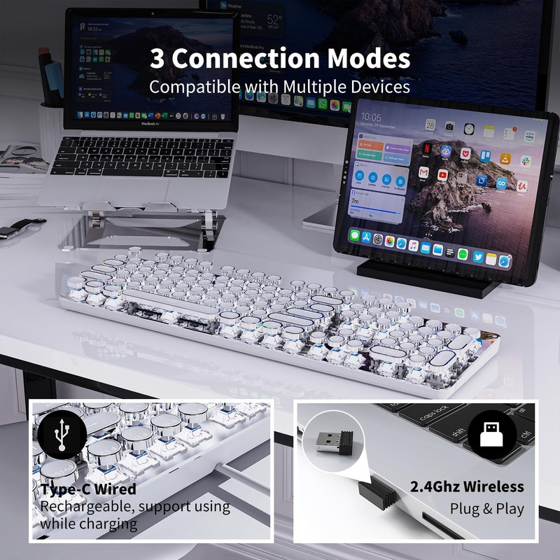 TK950 Wireless Typewriter Keyboard and Mouse Combo,104 Keys Retro Typewriter