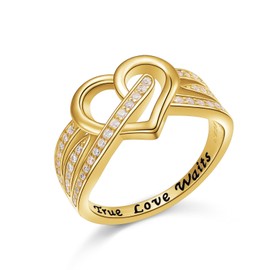 DAOCHONG 18K Gold Plated 925 Sterling Silver Rings Eternity Band for Women Ladies Gold Heart Ring Cubic Zirconia Heart Ring Dainty Stackable Jewelry on Anniversary (size 8)