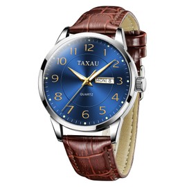 Taxau Men's Watch Leather Men's Watch Leather Strap Watches Men's Large Dial Day Date Men's Watch Waterproof Watch Casual Business Watch for Men, 8405-Brown Leather and Blue, The watch can be