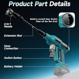 Cordless Power Washer for Makita 18V Battery, Portable Handheld Pressure Washer 700 PSI, with 5M Hose, 6-in-1 Nozzle, 4-Speed Settings, Battery Operated Pressure Washer for Car Floor Fence (Tool Only)