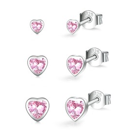 3 Pairs Sterling Silver Stud Earrings for Women Girls, Small Simulated Diamond Earrings Pink Cubic Zirconia Heart Stud Earrings Hypoallergenic Sleeper Earrings Set for Multiple Pirercings, 2/3/4 mm
