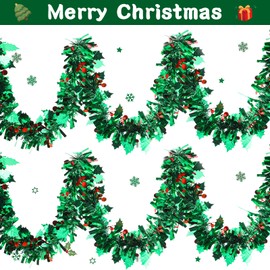 Christmas Tinsel Garland Decorations Green Metallic Garland with Red Berries Leaves Christmas Tree Tinsel Garland Green Metallic Garland for Christmas Tree Ceiling Hanging Decoration(9 Pcs,59 Feet)