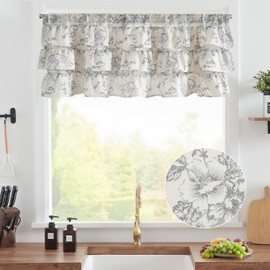 jinchan Ruffled Floral Valance Gray Shabbychic Small Window Curtain 18 Inch Farmhouse Kitchen Valance for Bedroom Living Room Decor Cottage Rustic Window Treatments 1 Panel Grey on Beige
