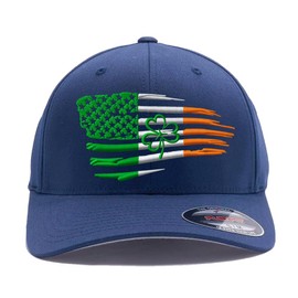 GNB CUSTOM EMBROIDERY LLC Embroidered Irish American Flag Shamrock hat Ireland St Patricks Day Irish Gift for Men Women Flex Fitted Hat (Navy, L/XL)