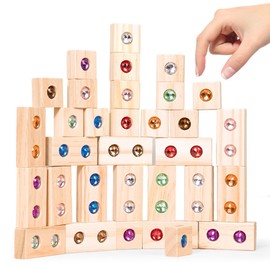 Rainbow Wooden Stacking Toy, Wooden Building Blocks Set for Children, Rainbow Stacking Block, Rainbow Stacking Toy Made of Wood with Acrylic Gemstone, Educational Learning Toy for Children (32 Pieces)